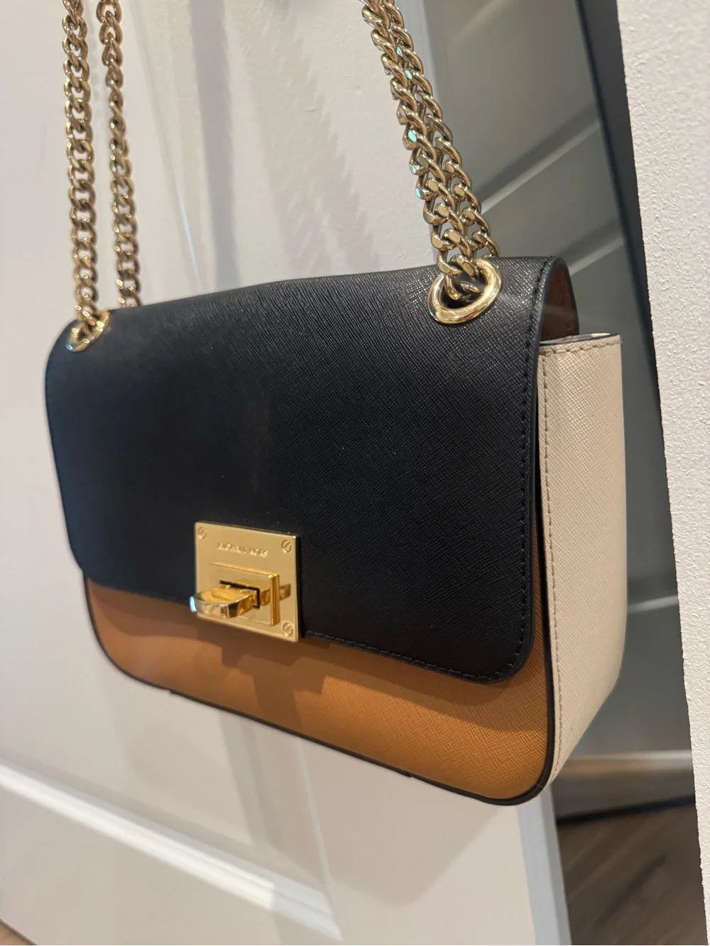 Michael Kors Black and Tan Chain Shoulder Bag with Gold Hardware